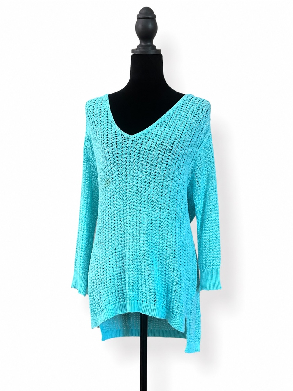 J Jill Open Knit Pullover Sweater Women's Medium Blue V-Neck Hi-Low Hem Tunic M